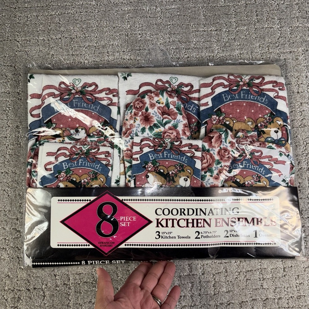 Vtg 80s Franco Country Teddy Bear Kitchen Set Towels Potholders Cottagecore NOS